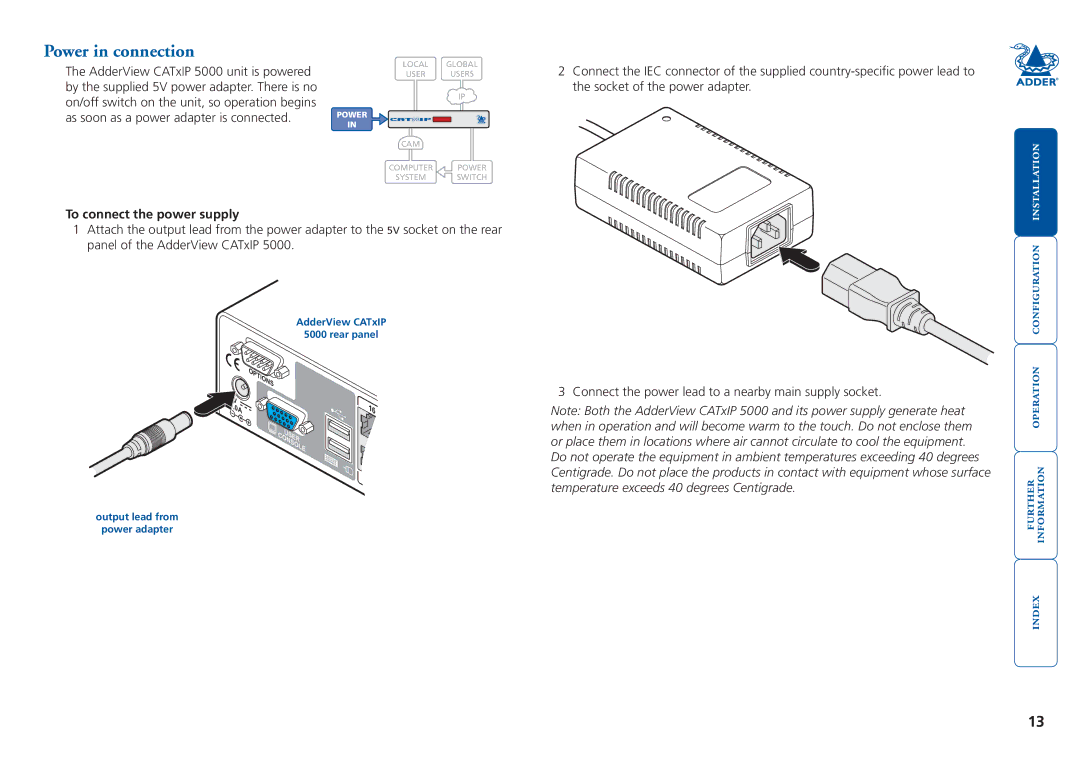 Adder Technology 5000 manual Power in connection, To connect the power supply, Output lead from Power adapter 