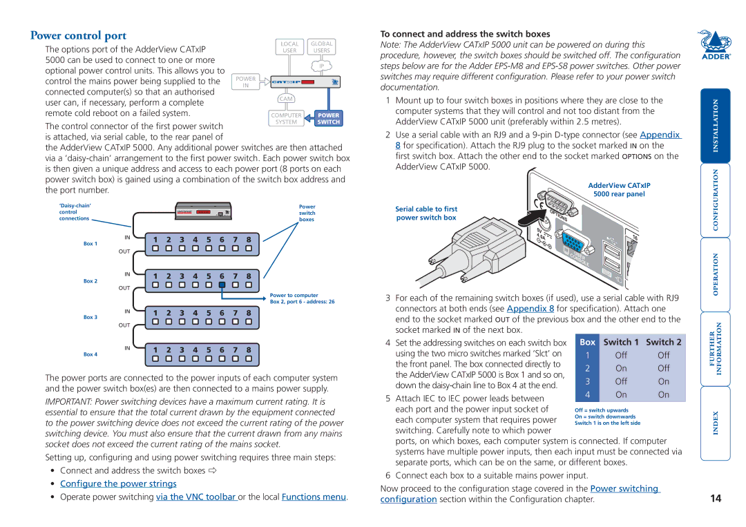 Adder Technology 5000 manual Power control port, To connect and address the switch boxes, Switch 