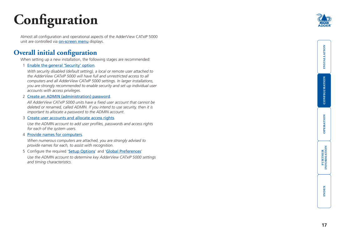 Adder Technology 5000 manual Configuration, Overall initial configuration 