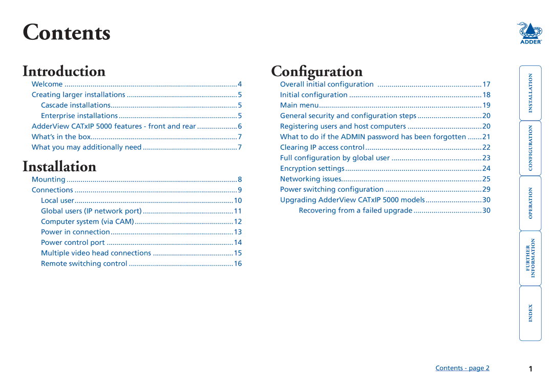 Adder Technology 5000 manual Contents 