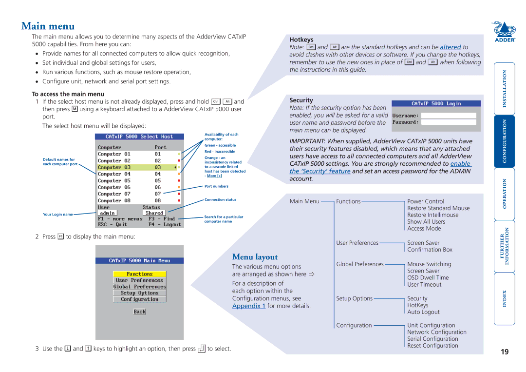 Adder Technology 5000 manual Main menu, Menu layout, Hotkeys, Security 