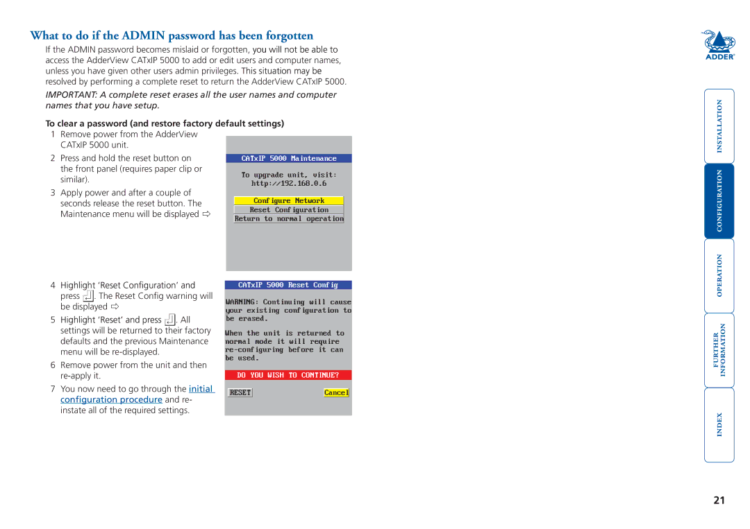 Adder Technology 5000 manual What to do if the Admin password has been forgotten 