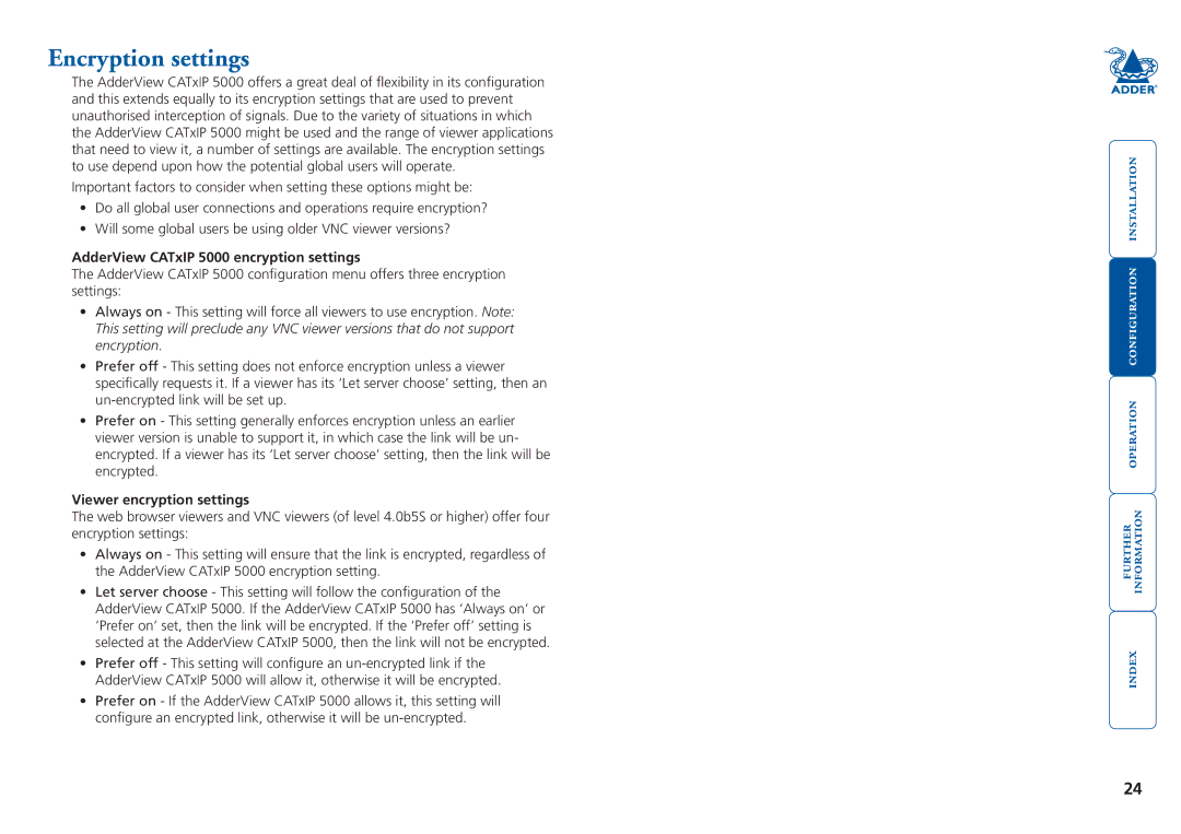 Adder Technology manual Encryption settings, AdderView CATxIP 5000 encryption settings, Viewer encryption settings 