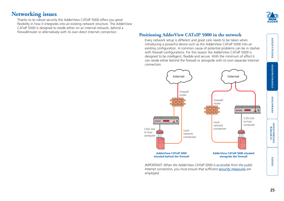 Adder Technology manual Networking issues, Positioning AdderView CATxIP 5000 in the network 