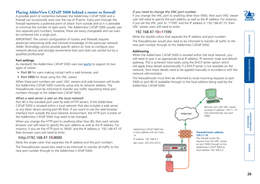 Adder Technology manual Placing AdderView CATxIP 5000 behind a router or firewall, Port settings, Addressing 