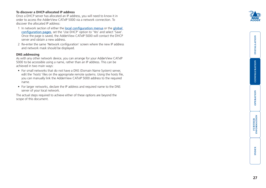 Adder Technology 5000 manual To discover a DHCP-allocated IP address, DNS addressing 