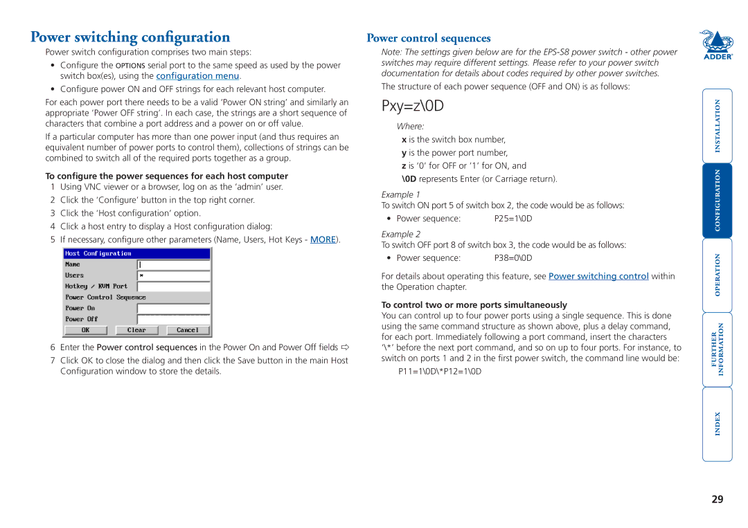 Adder Technology 5000 Power switching configuration, Power control sequences, To control two or more ports simultaneously 