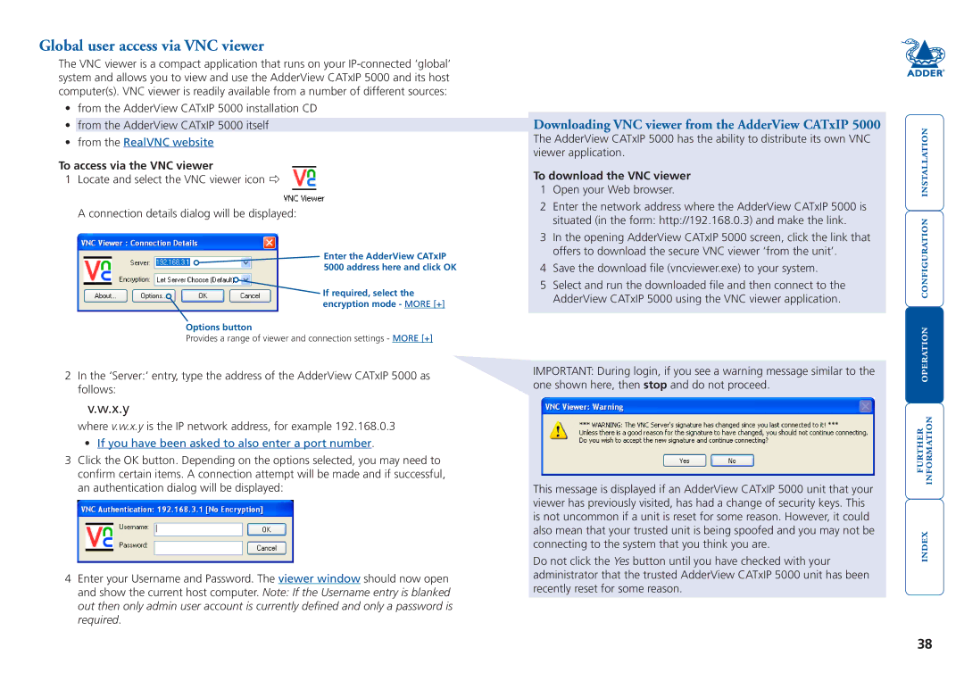 Adder Technology 5000 manual Global user access via VNC viewer, To access via the VNC viewer, To download the VNC viewer 