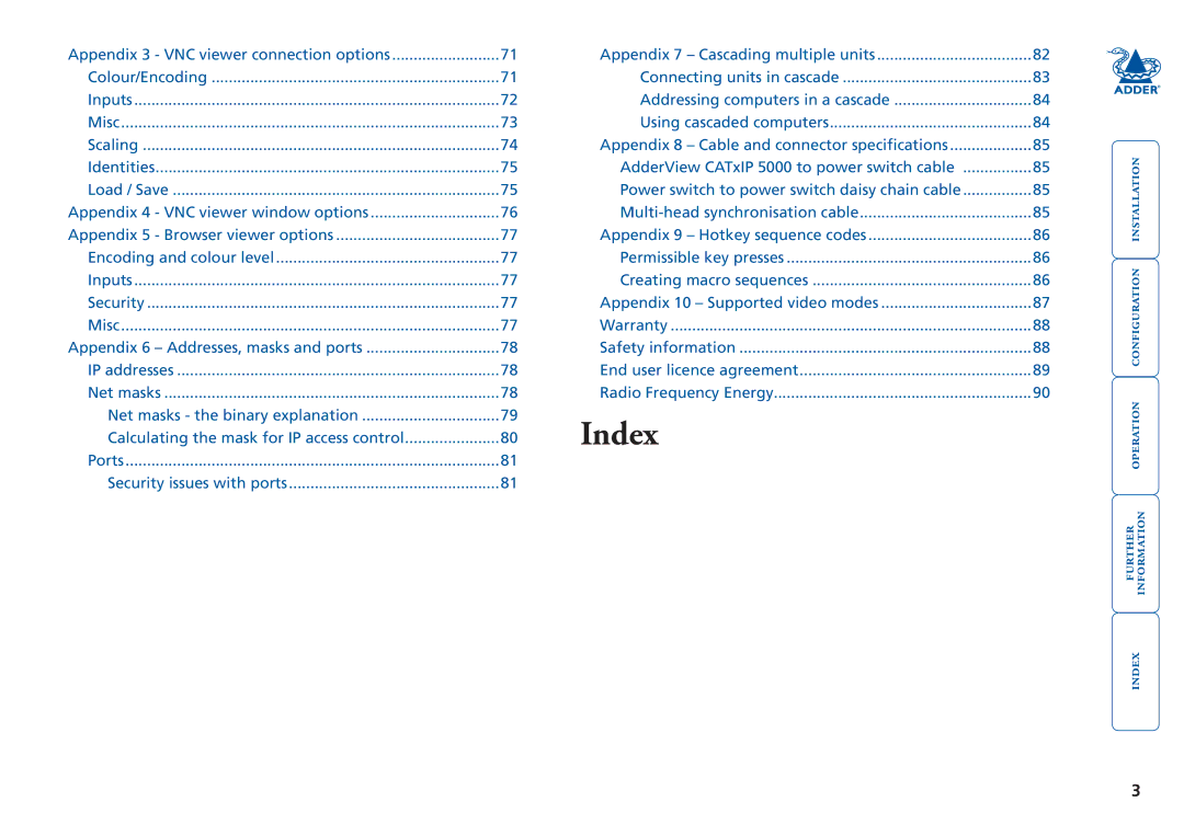 Adder Technology 5000 manual Index 