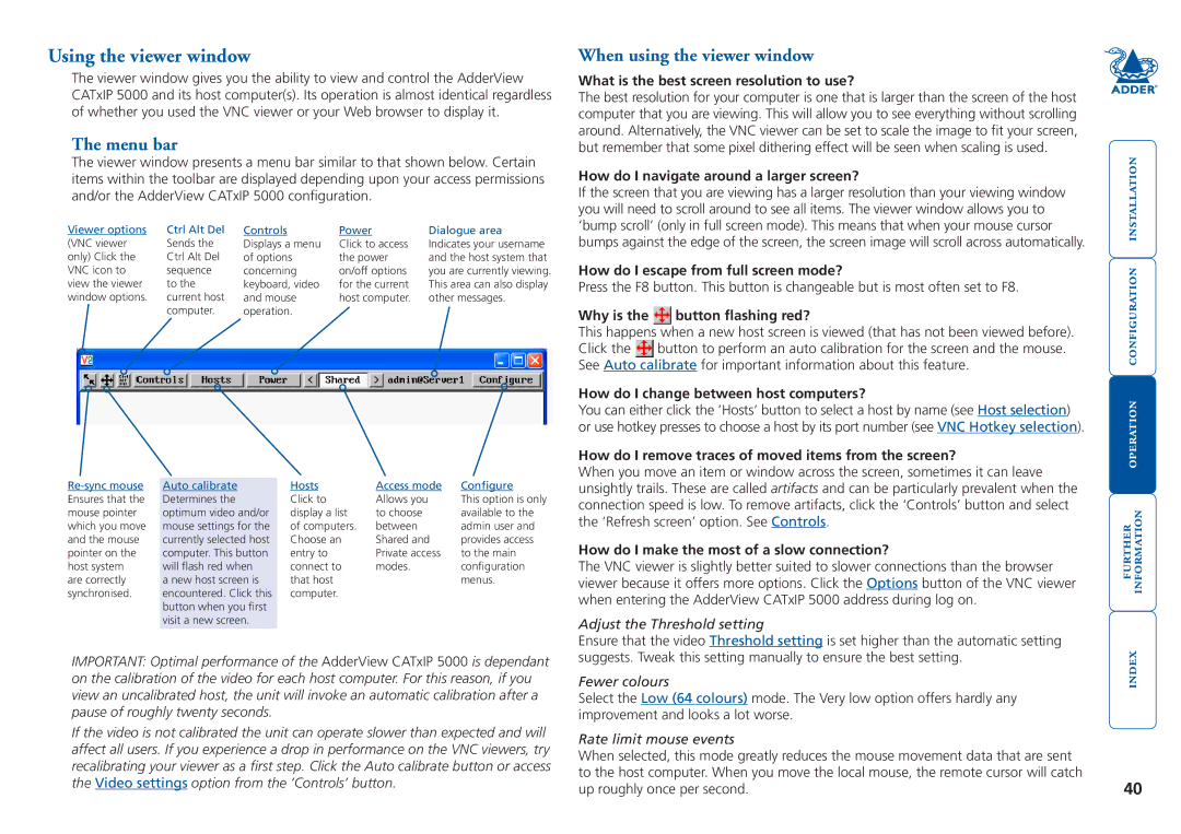 Adder Technology 5000 manual Using the viewer window, Menu bar, When using the viewer window 