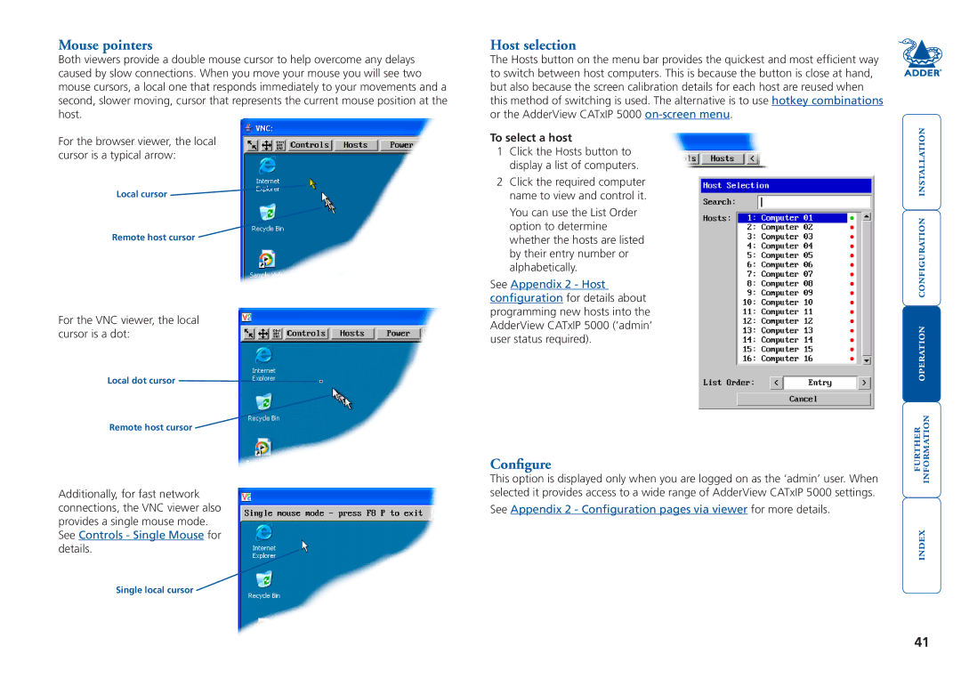 Adder Technology 5000 manual Mouse pointers, Host selection, Configure, To select a host 