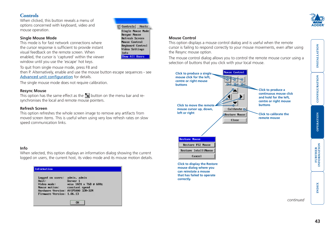 Adder Technology 5000 manual Controls 