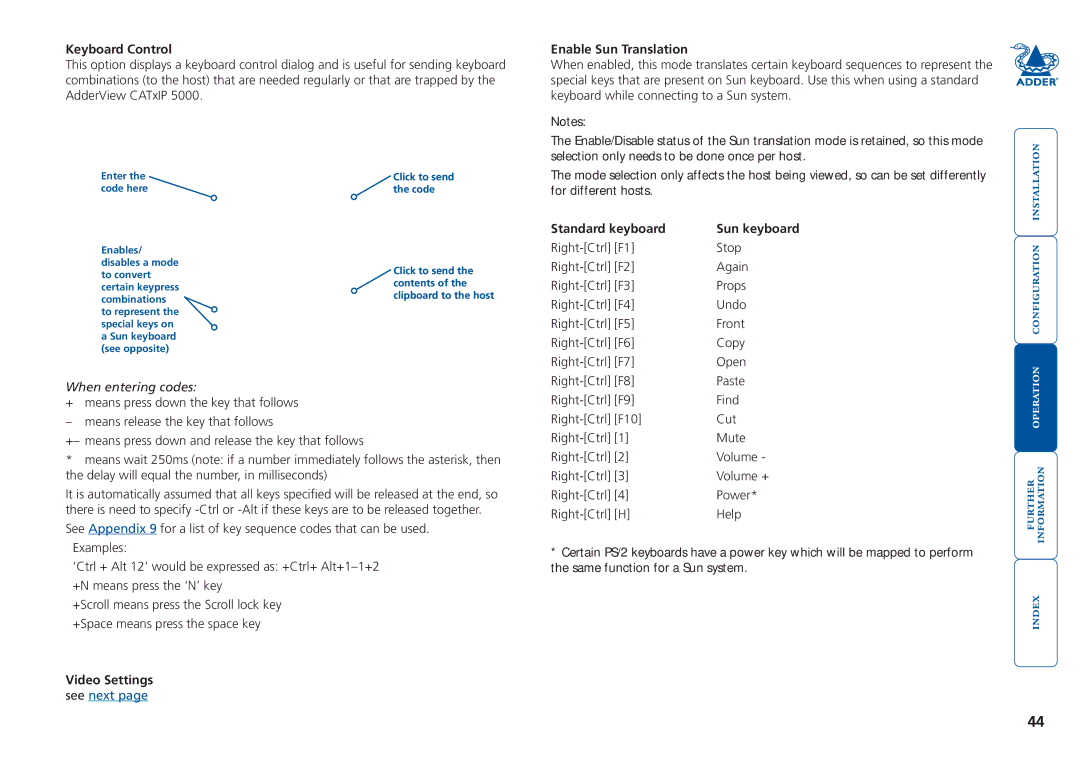 Adder Technology 5000 Keyboard Control, Enable Sun Translation, Standard keyboard, When entering codes, Video Settings 