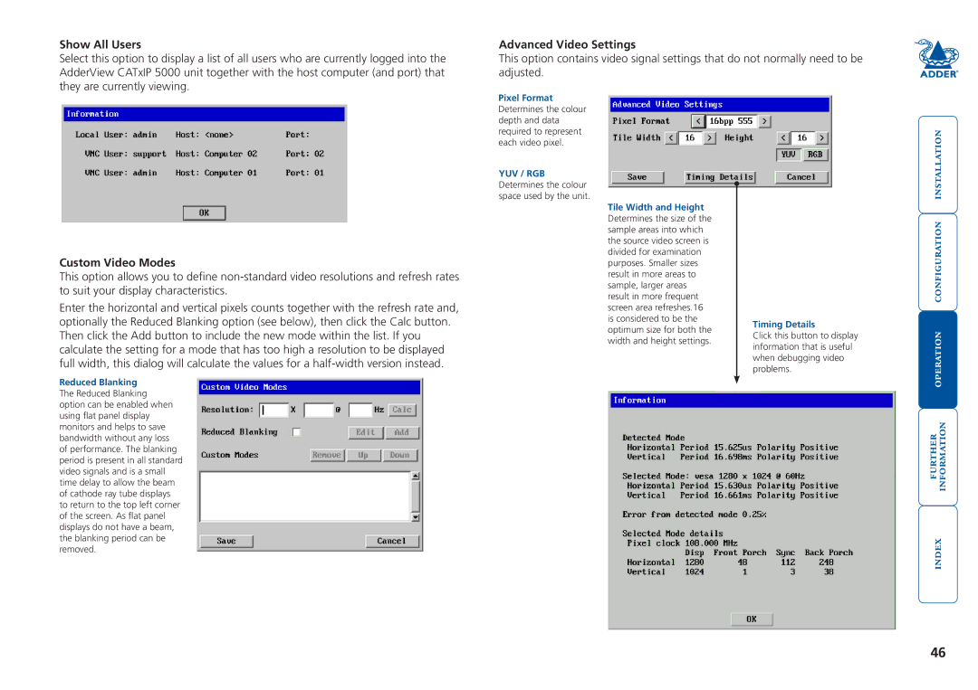 Adder Technology 5000 manual Show All Users, Advanced Video Settings, Custom Video Modes, Reduced Blanking, Timing Details 