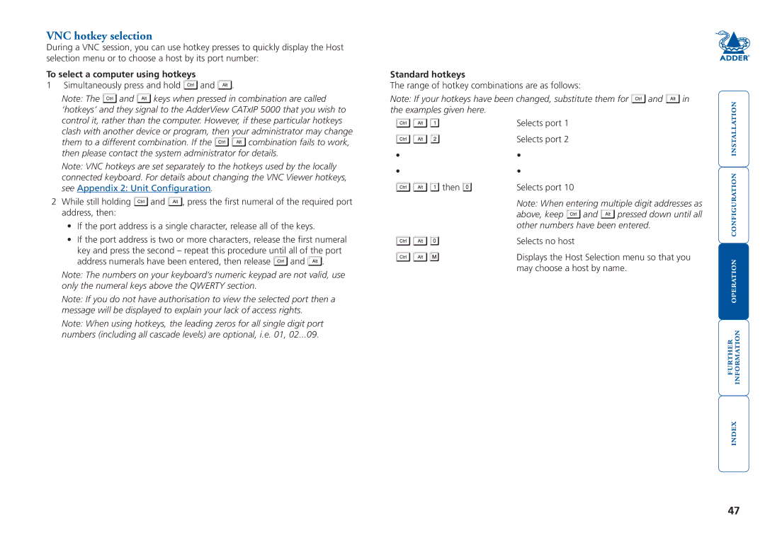 Adder Technology 5000 manual VNC hotkey selection, To select a computer using hotkeys 