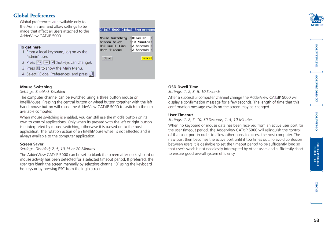 Adder Technology 5000 manual Global Preferences, Mouse Switching, OSD Dwell Time, User Timeout 