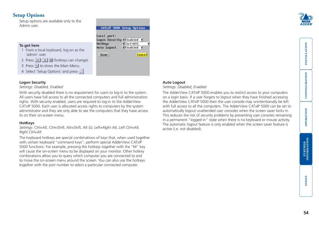 Adder Technology 5000 manual Setup Options, Logon Security, Auto Logout 