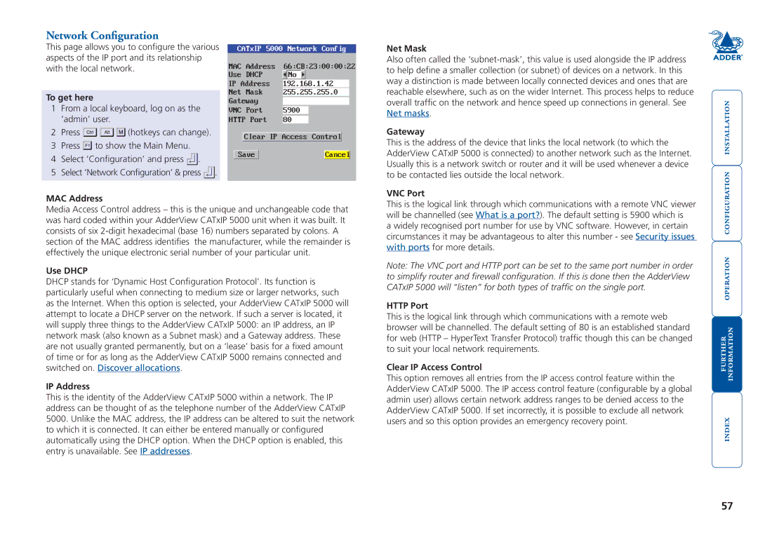 Adder Technology 5000 manual Network Configuration 