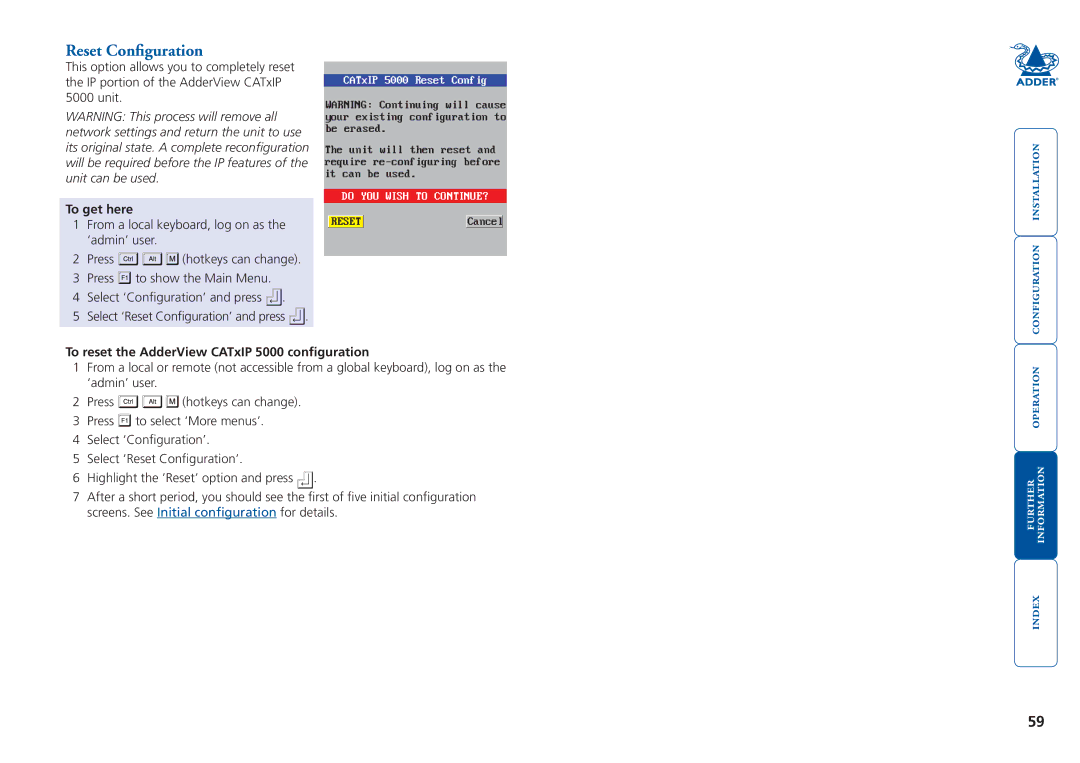 Adder Technology manual Reset Configuration, To reset the AdderView CATxIP 5000 configuration 