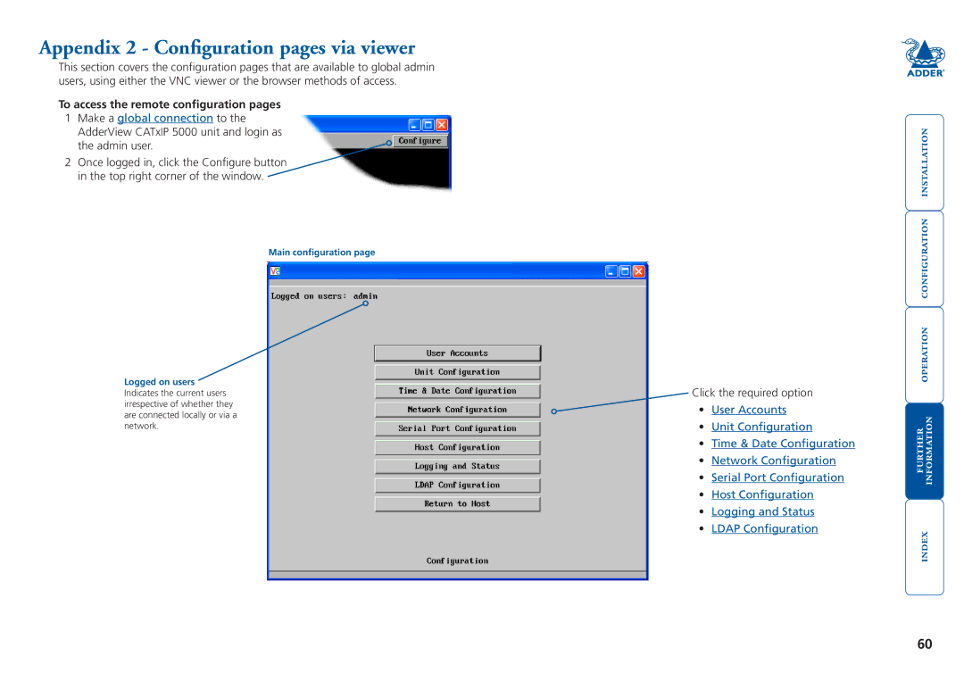 Adder Technology 5000 manual Appendix 2 Configuration pages via viewer, To access the remote configuration pages 