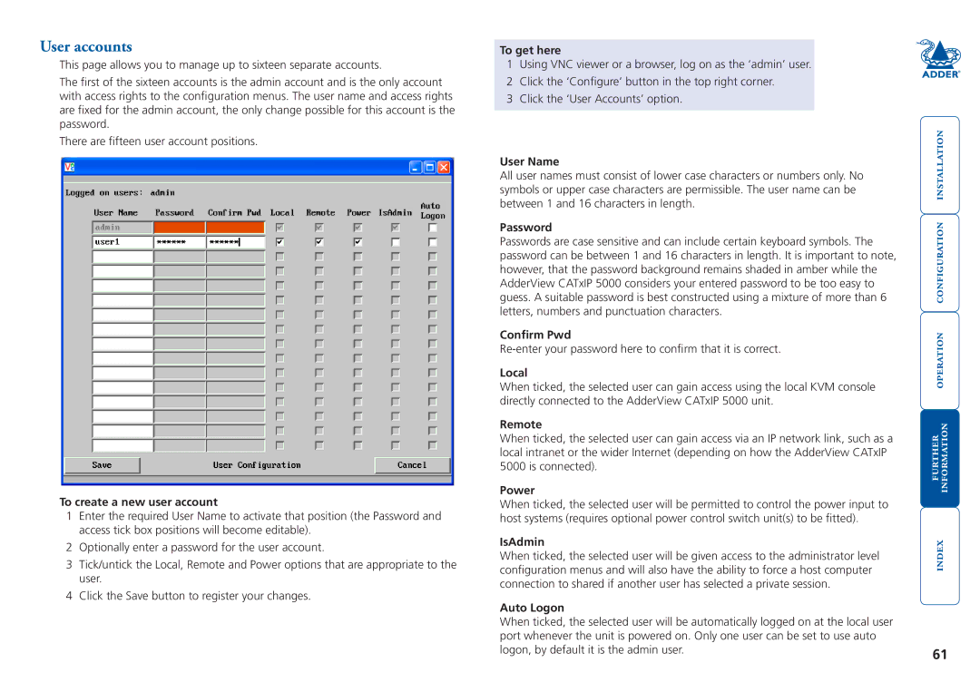 Adder Technology 5000 manual User accounts 