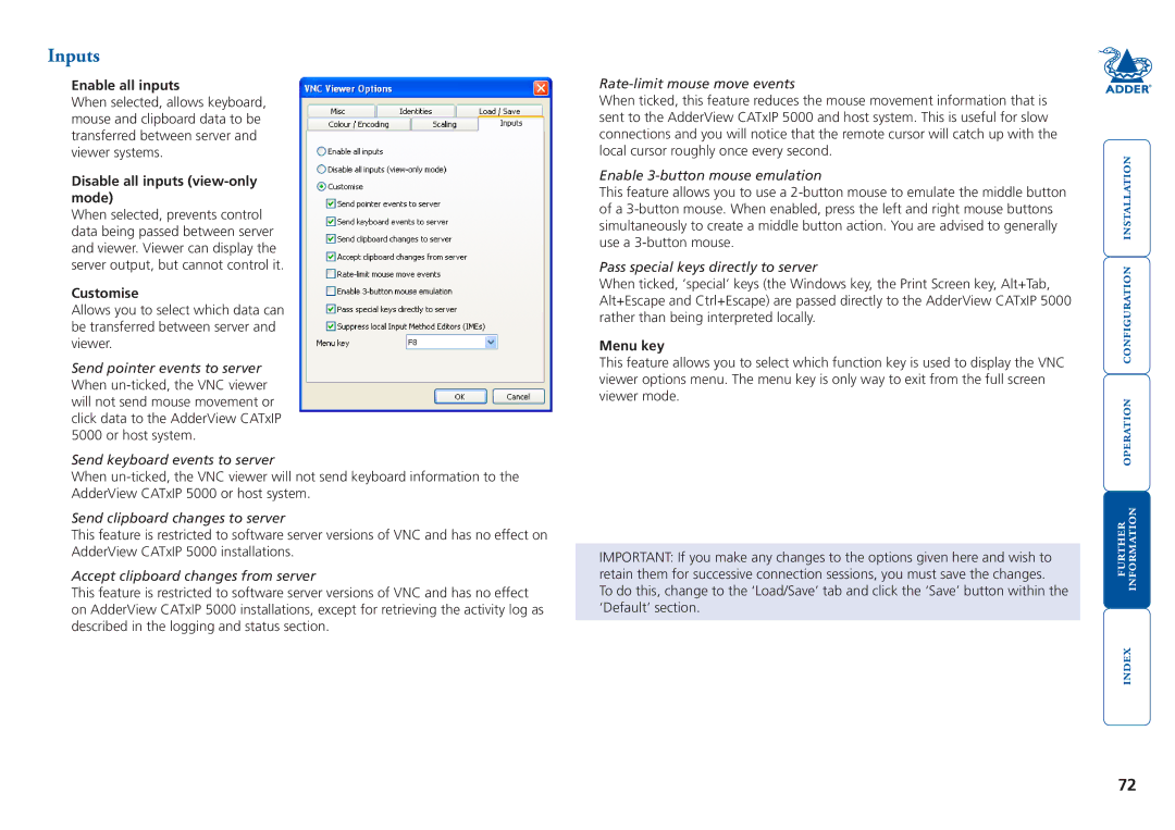 Adder Technology 5000 manual Inputs, Enable all inputs, Disable all inputs view-only mode, Customise, Menu key 