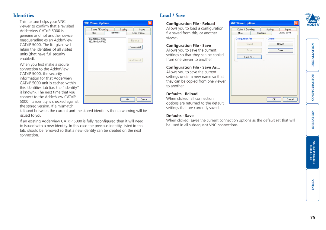 Adder Technology 5000 manual Identities, Load / Save, Defaults Reload, Defaults Save 