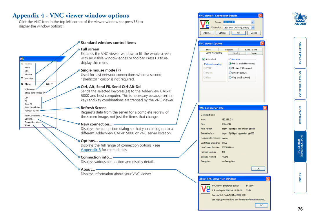 Adder Technology 5000 manual Appendix 4 VNC viewer window options 