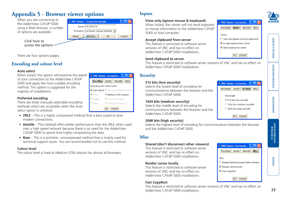 Adder Technology 5000 manual Appendix 5 Browser viewer options, Encoding and colour level, Security 