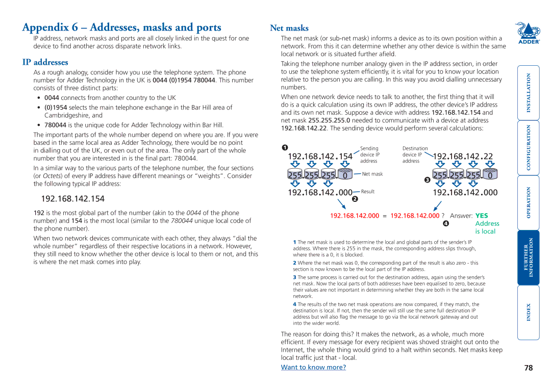 Adder Technology 5000 manual Appendix 6 Addresses, masks and ports, IP addresses, Net masks 