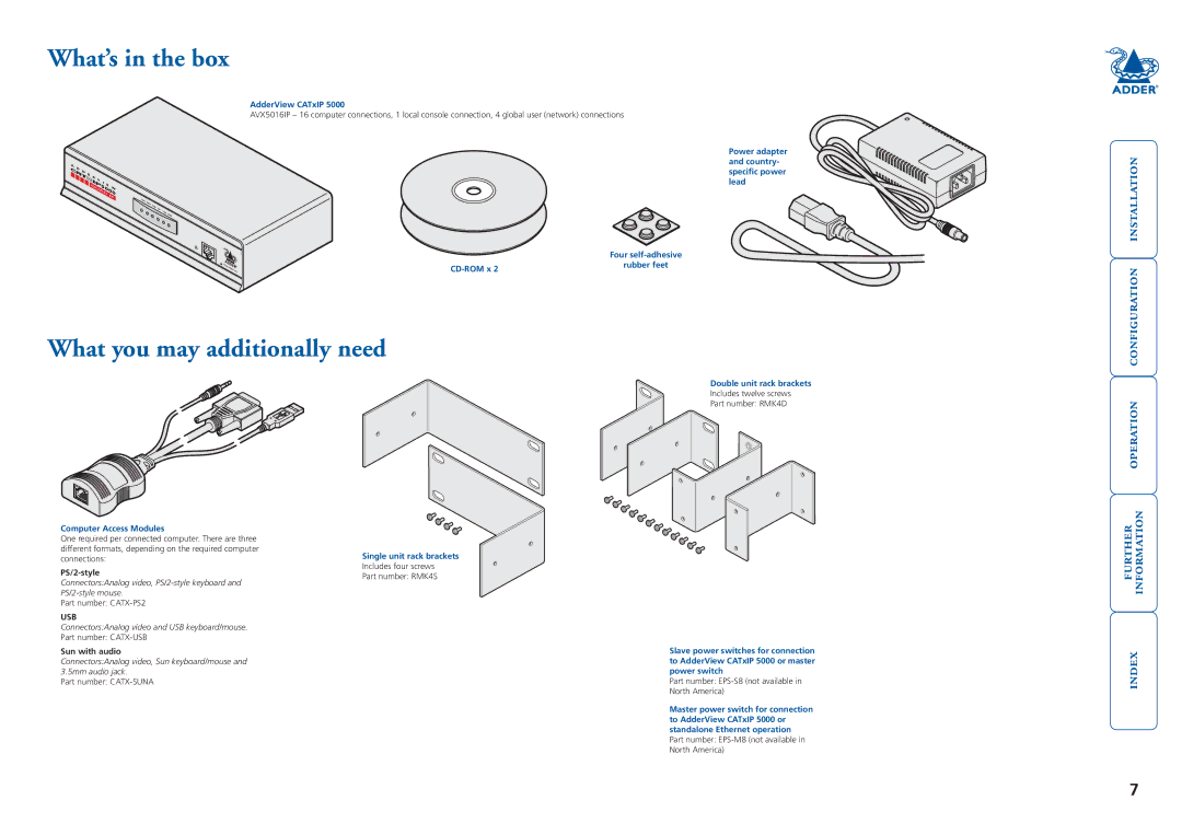 Adder Technology 5000 manual What’s in the box, What you may additionally need,   