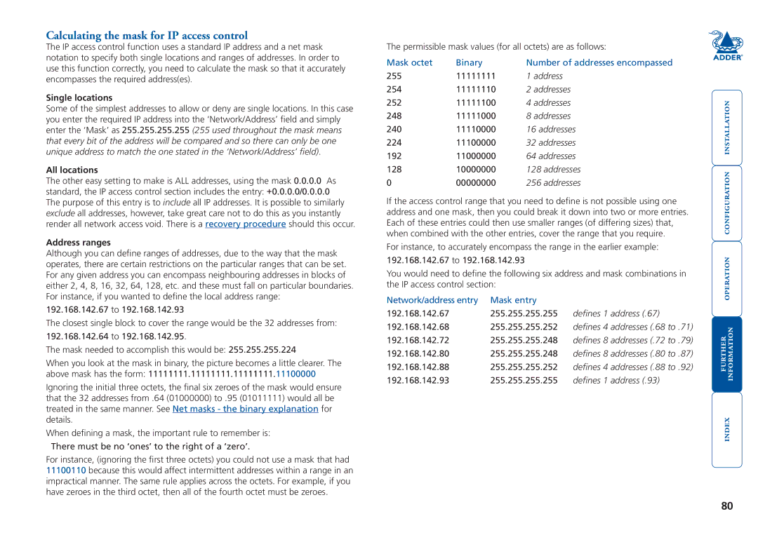 Adder Technology 5000 manual Calculating the mask for IP access control, Single locations, All locations, Address ranges 