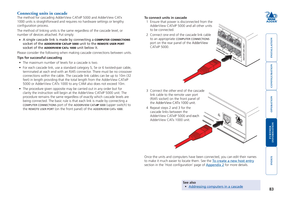 Adder Technology 5000 manual Connecting units in cascade, Tips for successful cascading, To connect units in cascade 