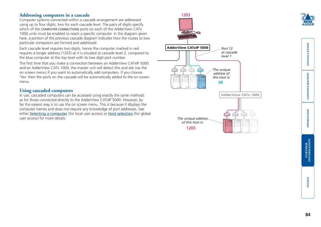 Adder Technology 5000 manual Addressing computers in a cascade, Using cascaded computers 