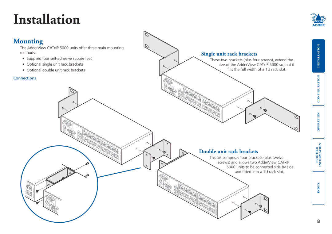 Adder Technology 5000 manual Mounting, Single unit rack brackets, Double unit rack brackets 