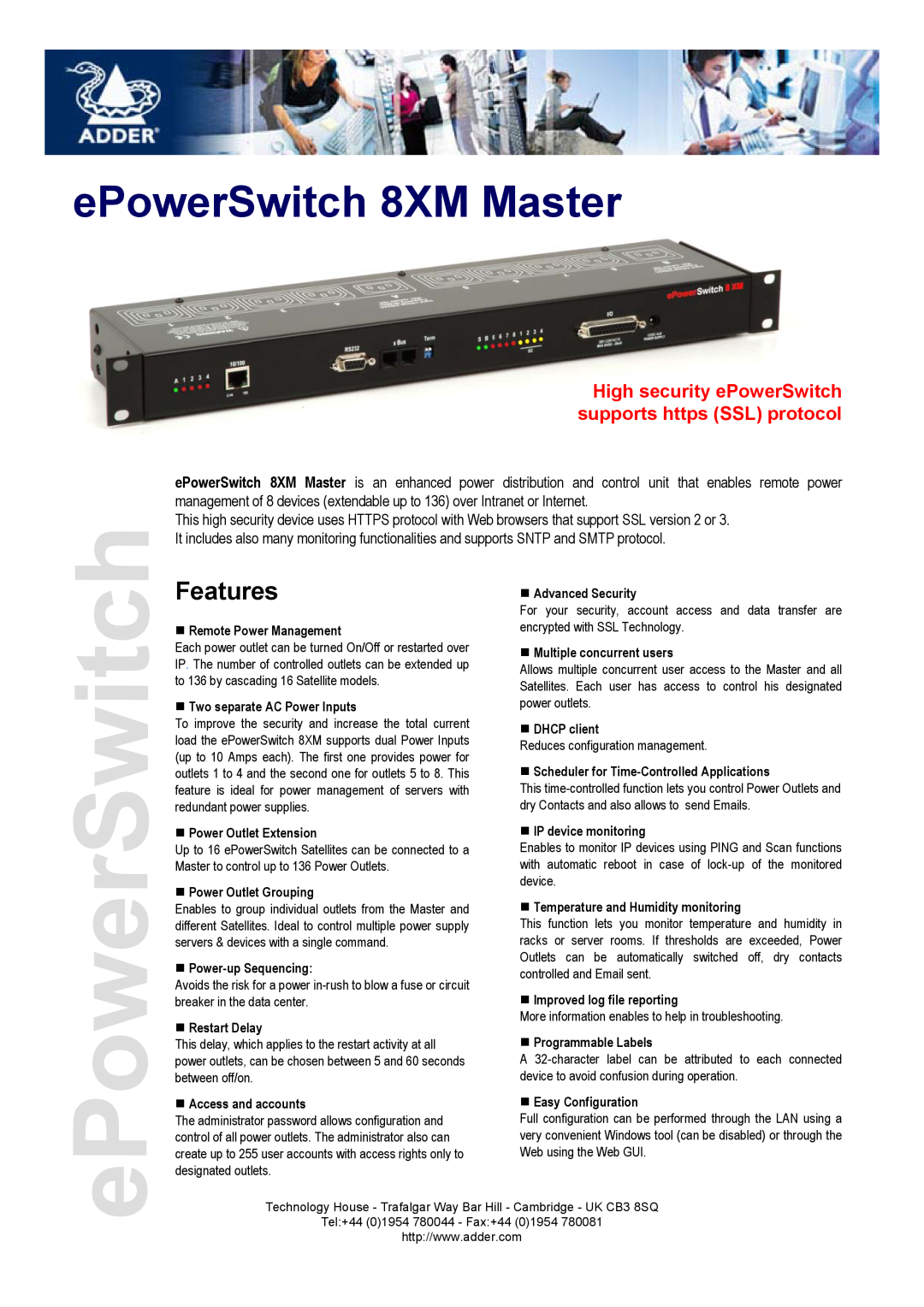 Adder Technology manual Features, ePowerSwitch 8XM Master, High security ePowerSwitch supports https SSL protocol 