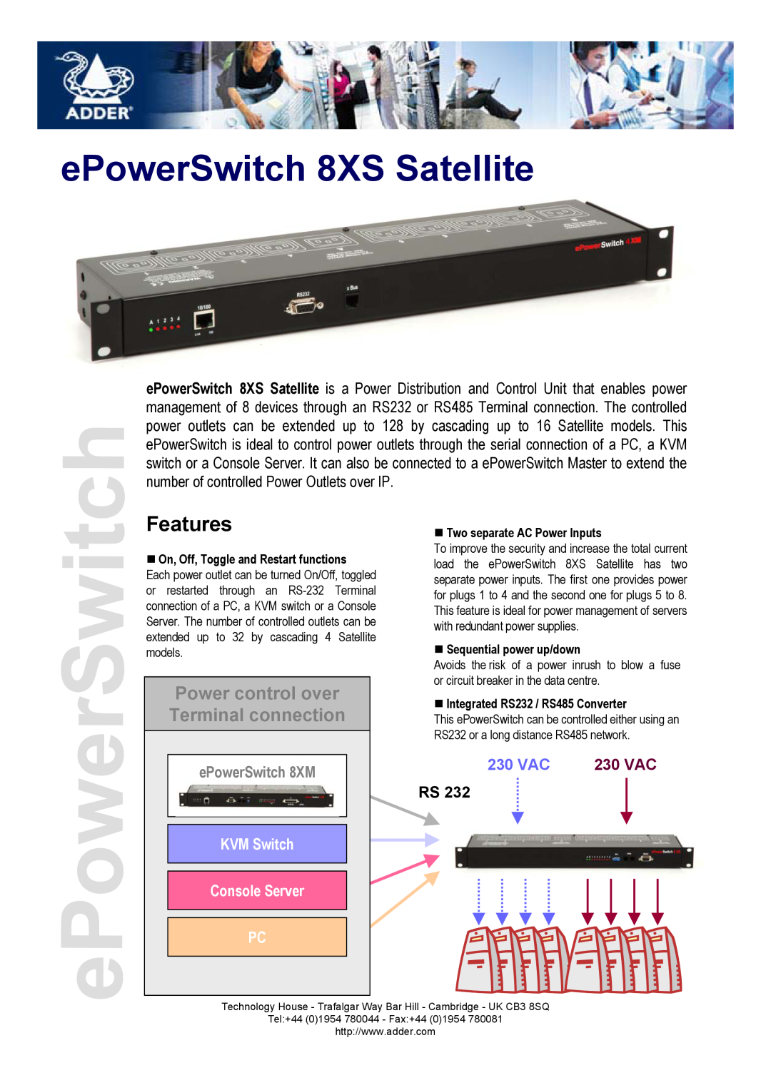 Adder Technology manual Features, ePowerSwitch 8XS Satellite, Power control over Terminal connection, ePowerSwitch 8XM 