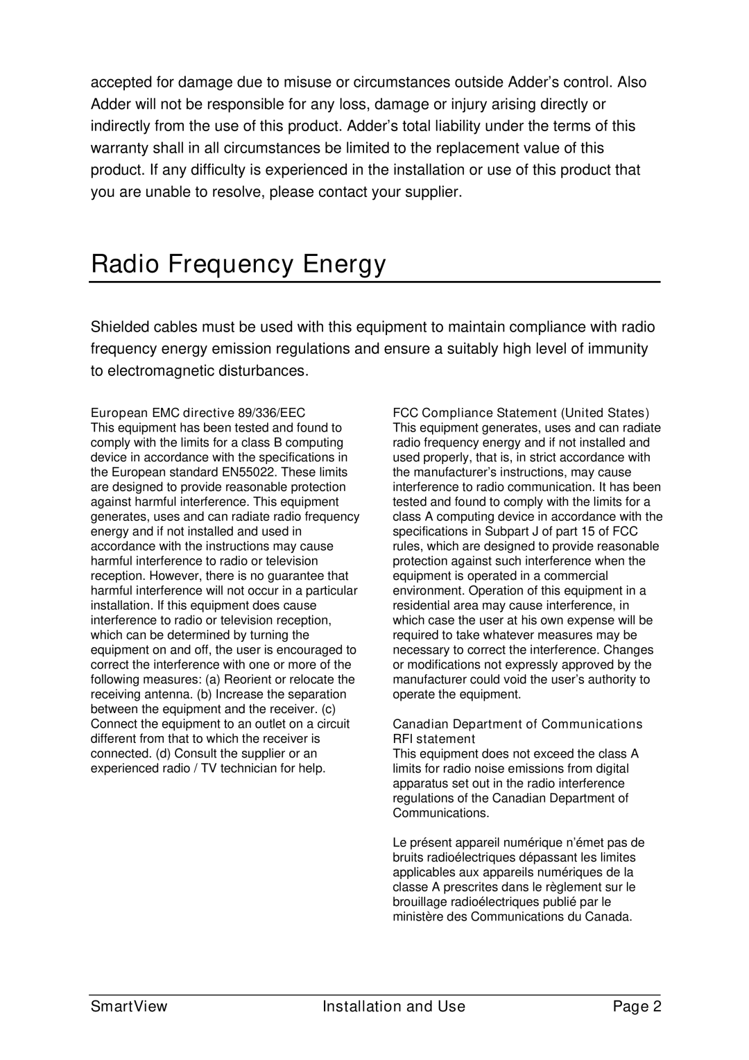 Adder Technology ADD0038/1 warranty Radio Frequency Energy, European EMC directive 89/336/EEC 