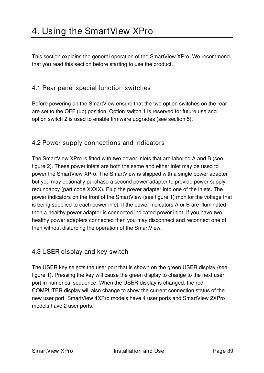 Adder Technology ADD0038/1 Using the SmartView XPro, Rear panel special function switches, User display and key switch 