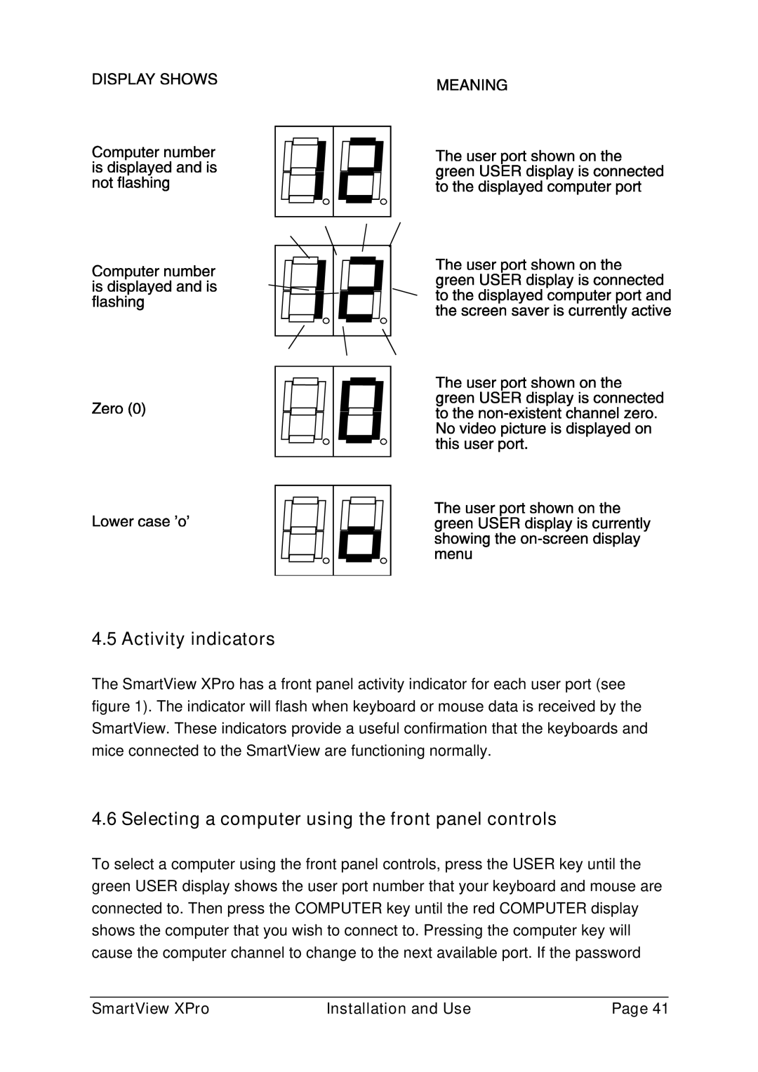 Adder Technology ADD0038/1 warranty Activity indicators, Selecting a computer using the front panel controls 