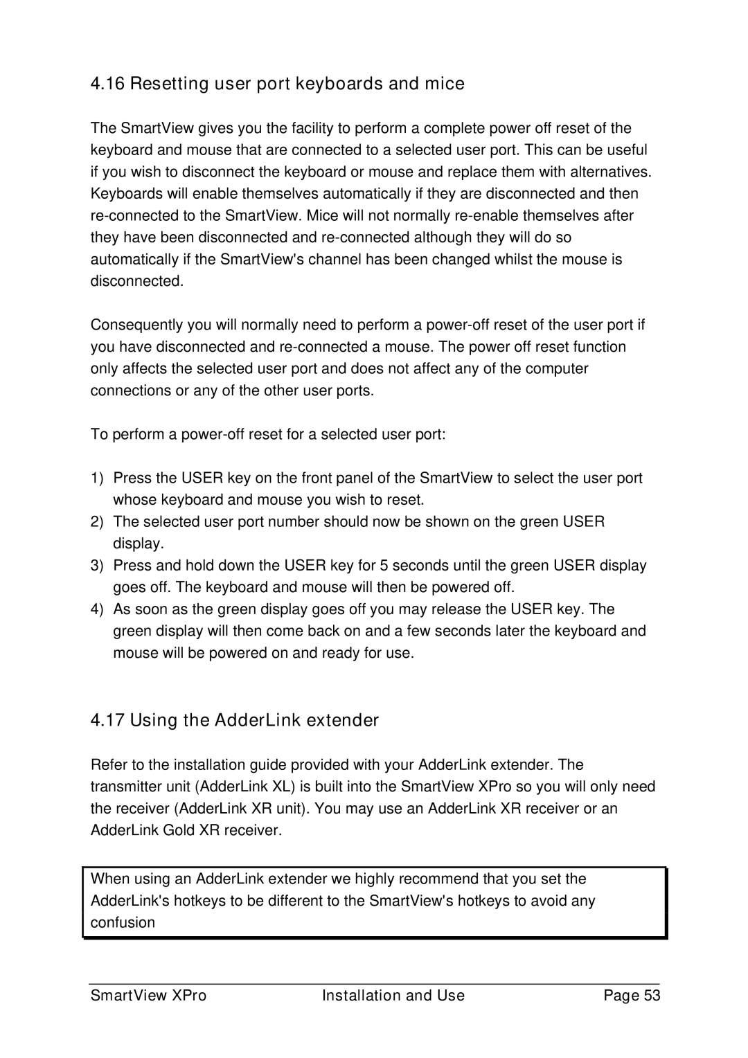 Adder Technology ADD0038/1 warranty Resetting user port keyboards and mice, Using the AdderLink extender 