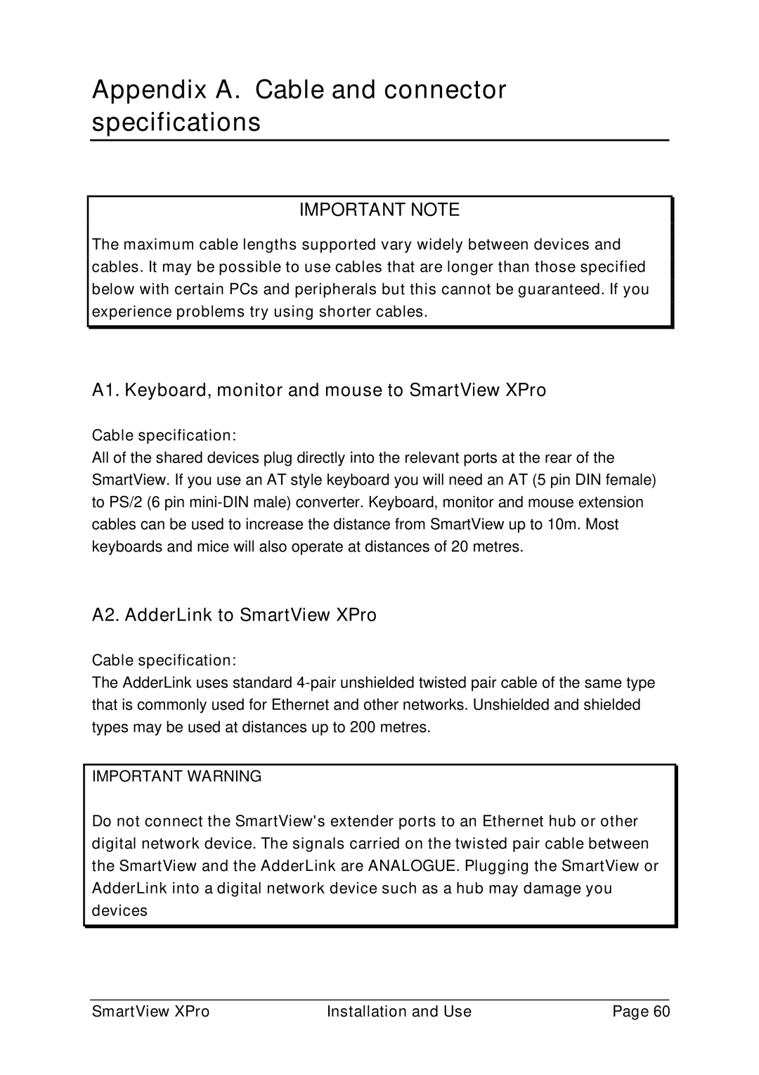 Adder Technology ADD0038/1 warranty Appendix A. Cable and connector specifications, A2. AdderLink to SmartView XPro 