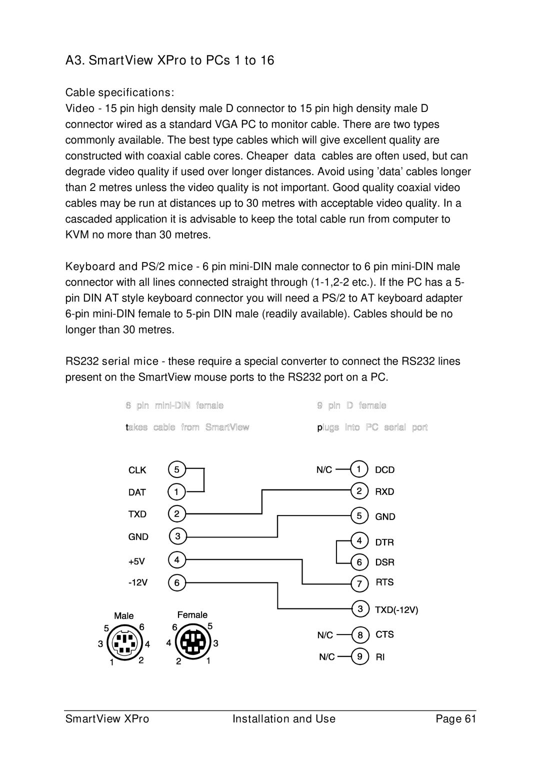 Adder Technology ADD0038/1 warranty A3. SmartView XPro to PCs 1 to, Cable specifications 