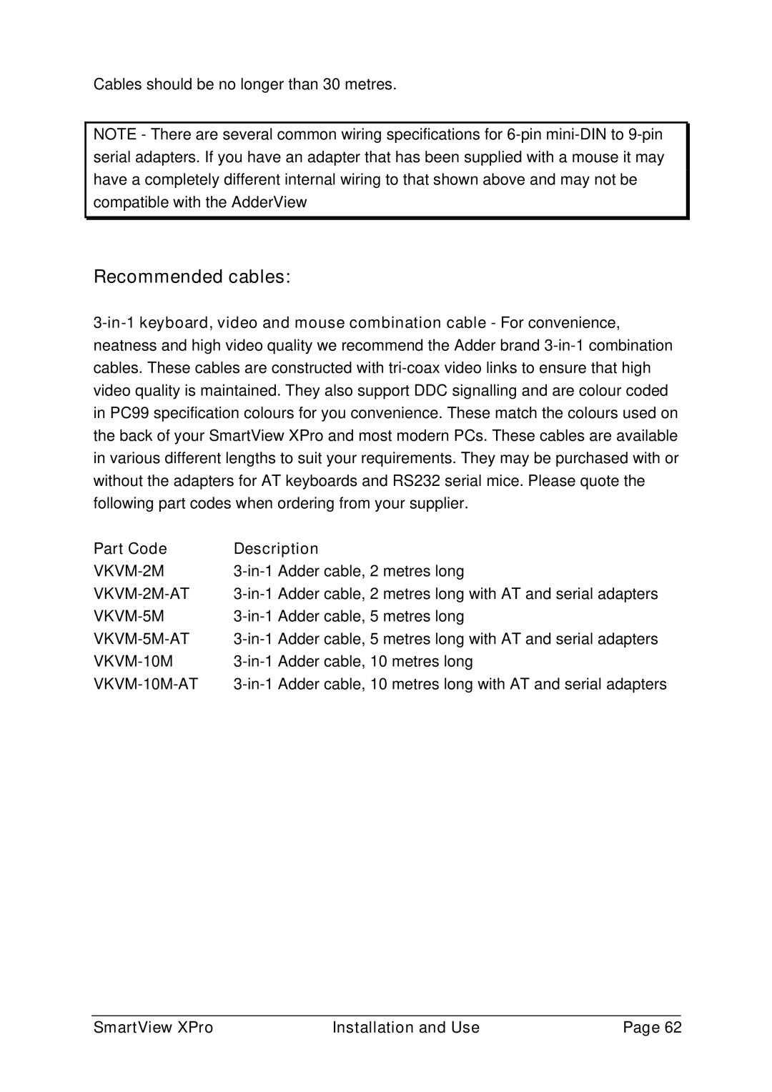 Adder Technology ADD0038/1 warranty Recommended cables 