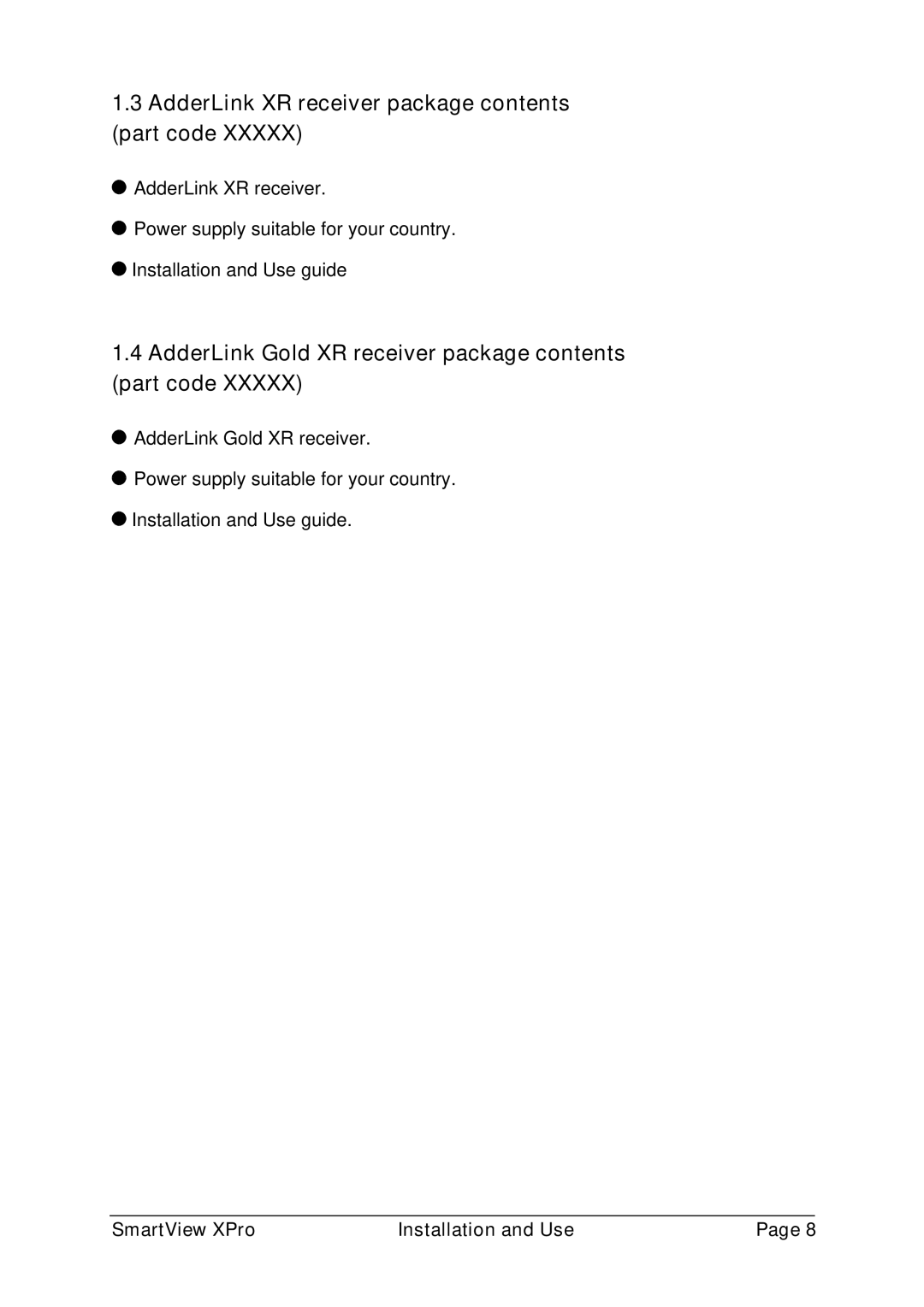 Adder Technology ADD0038/1 warranty AdderLink XR receiver package contents part code 