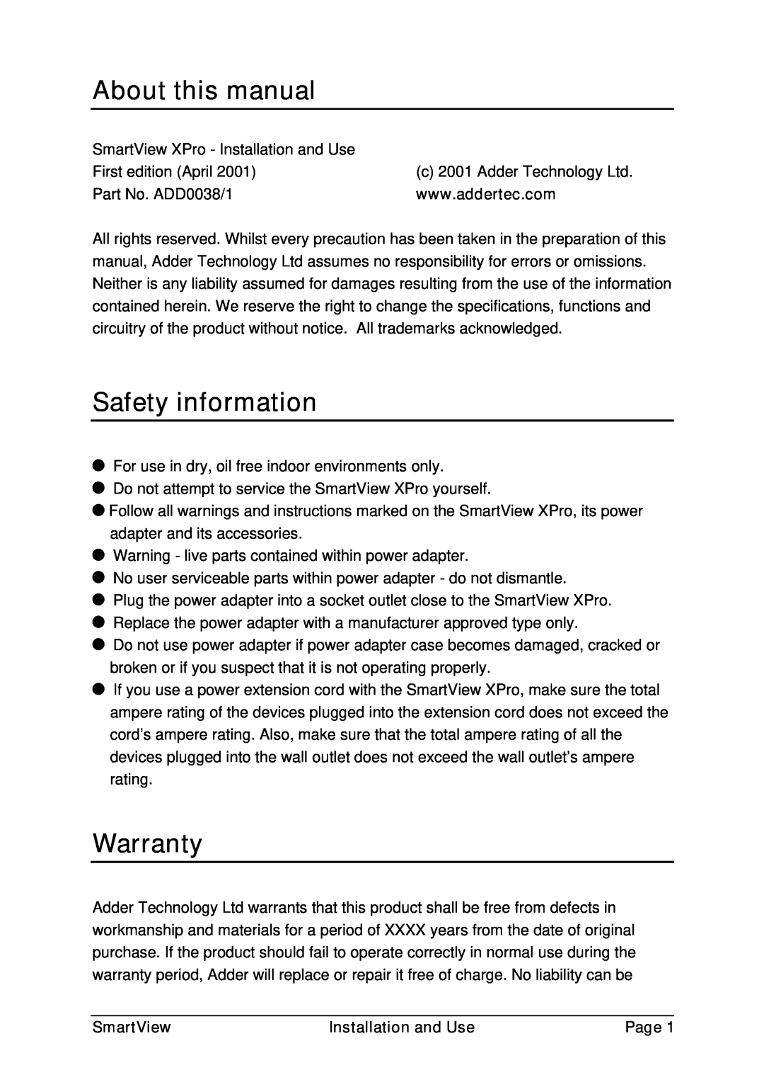 Adder Technology ADD0038/1 warranty About this manual, Safety information, Warranty, SmartView, Installation and Use, Page 