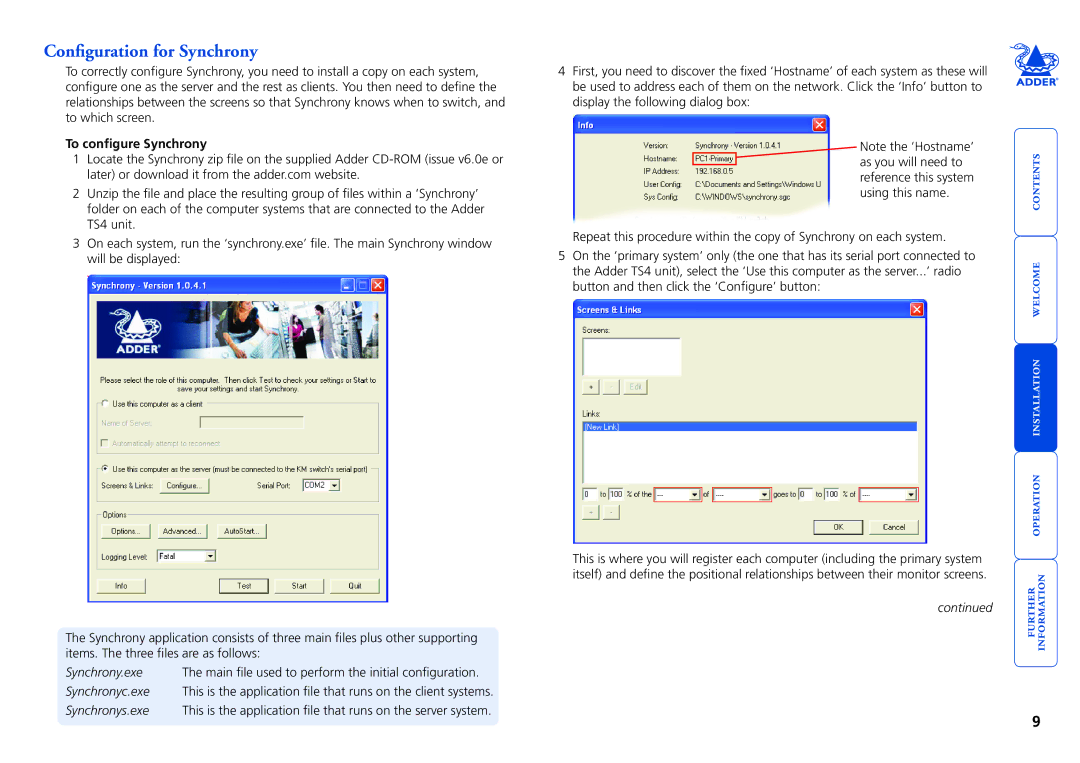 Adder Technology Adder TS4 manual Configuration for Synchrony, To configure Synchrony 