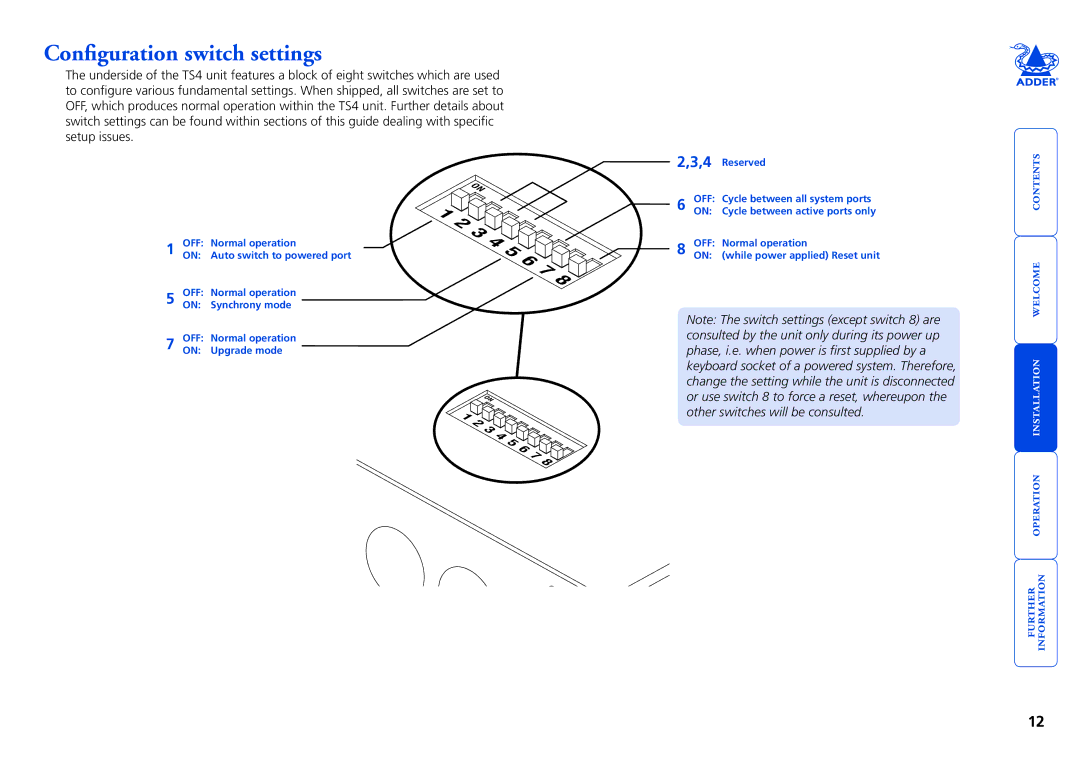 Adder Technology Adder TS4 manual Configuration switch settings 