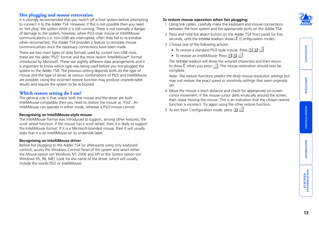 Adder Technology Adder TS4 manual Recognising an IntelliMouse-style mouse, Recognising an IntelliMouse driver 