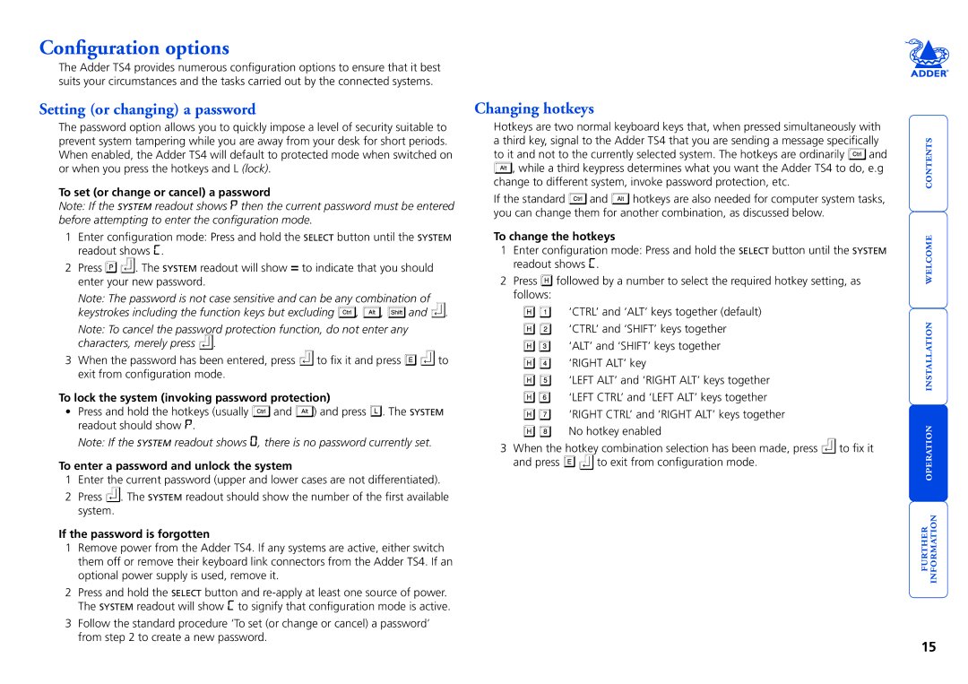 Adder Technology Adder TS4 manual Configuration options, Setting or changing a password, Changing hotkeys 